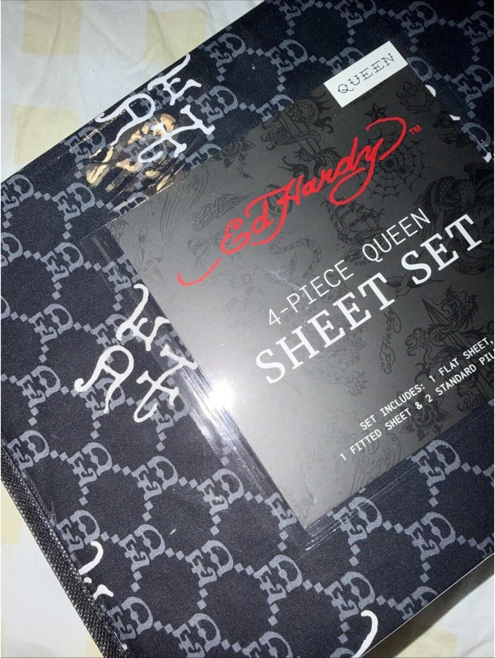 New Ed Hardy Queen Sheet Set 4 Pc Exclusive Style  Black/Gray ED Design